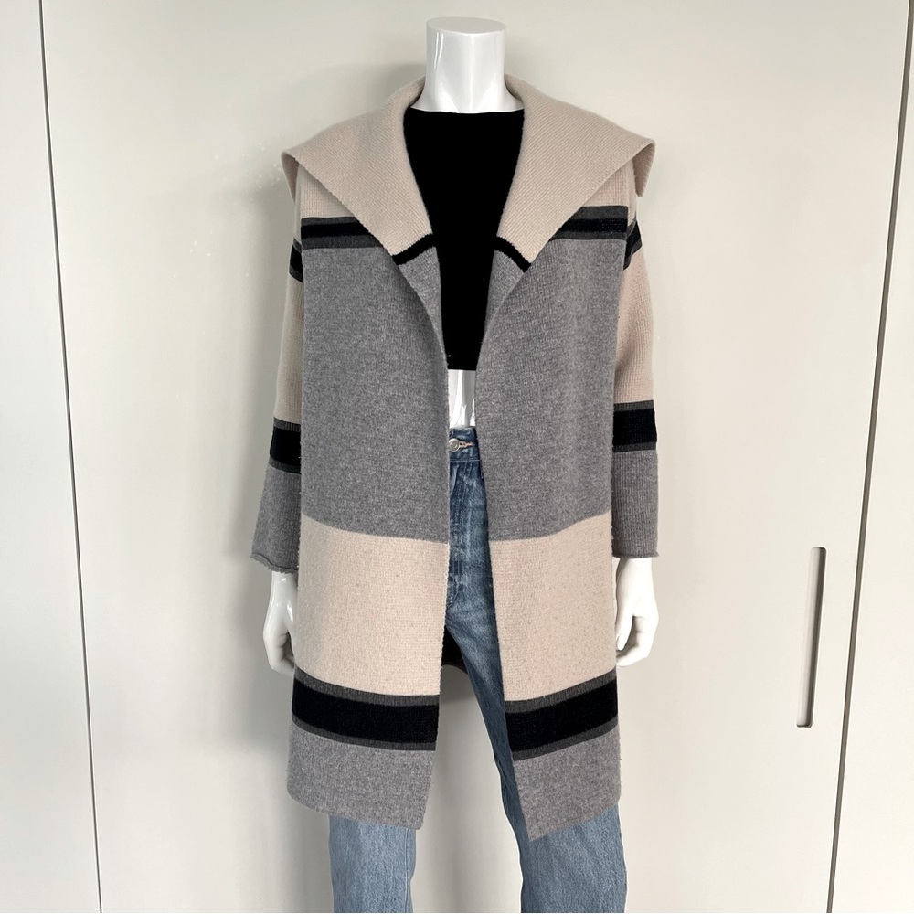 VINCE Block Stripe Cardigan in Beige, Grey & Black